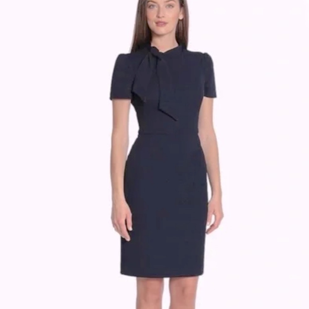 Maggie London Tie Neck Puff Sleeve Scuba Crepe Dress
